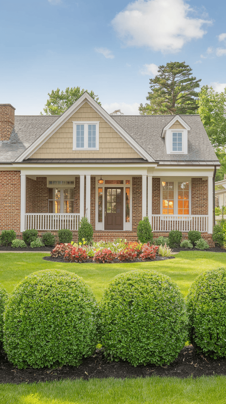 Image of a house with a combination of exterior brick and siding, featuring contrasting colors and complementary landscaping.