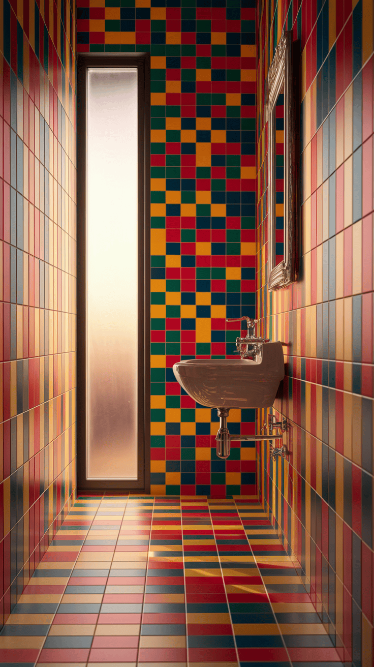 Bathroom wall tiles design with bold geometric patterns and vibrant colors.