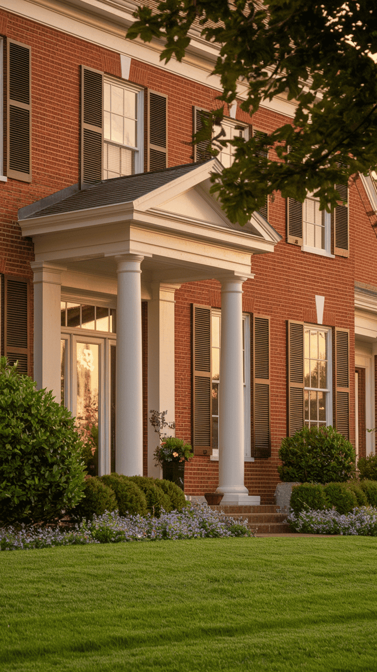 Image of an all-brick house exterior featuring rich red tones on exterior brick, a front porch, and vibrant landscaping.