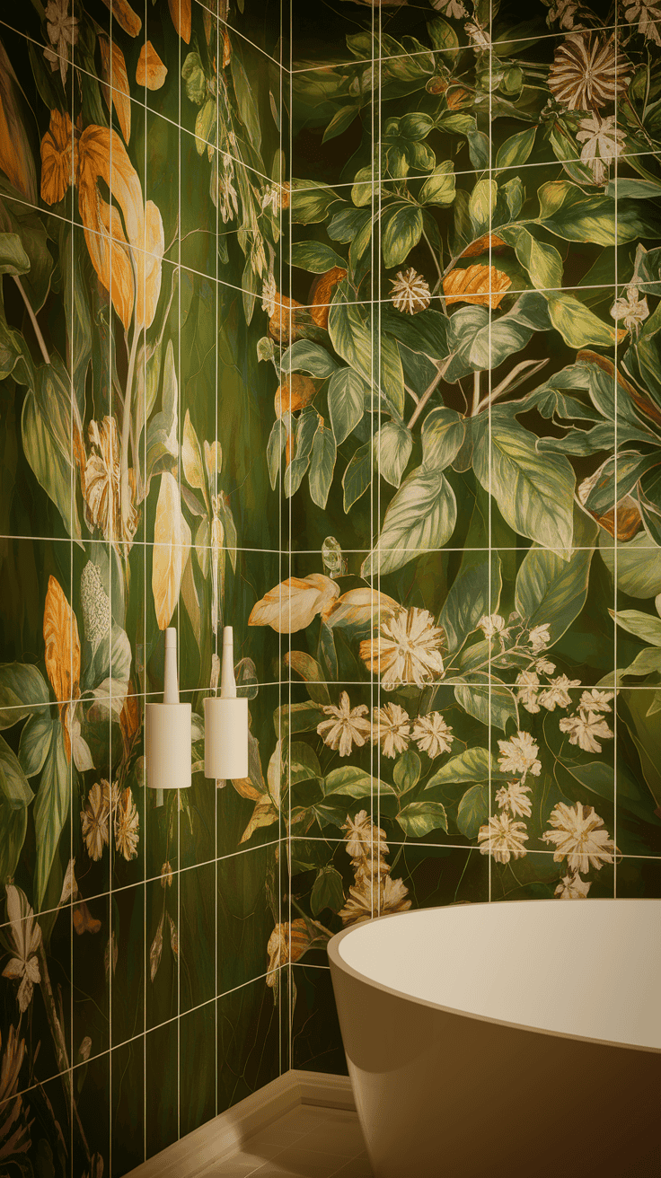 Bathroom wall tiles design inspired by nature with botanical patterns and floral accents.