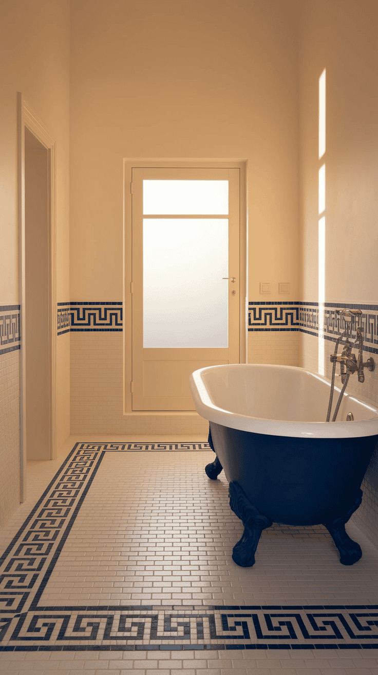 Mediterranean style bathroom with classic blue and white Santorini-inspired retreat features.