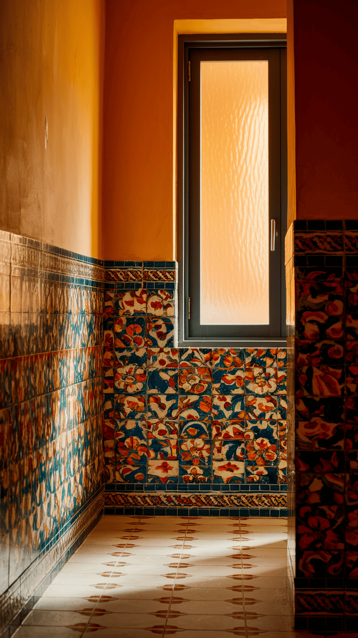 Bathroom wall tiles design with traditional Indian patterns and vibrant colors.
