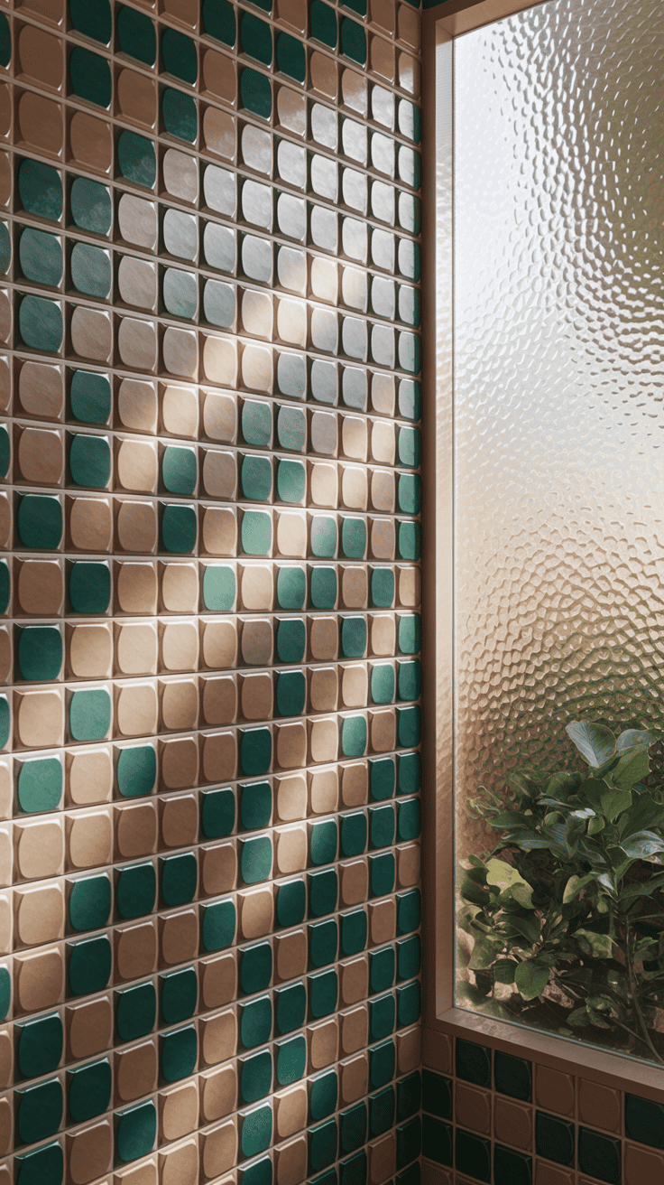 Bathroom wall tiles design featuring 3D textures with earthy tones and vibrant hues.