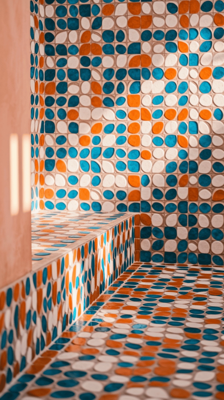 Bathroom wall tiles design with intricate mosaic patterns in blue, orange, and white.
