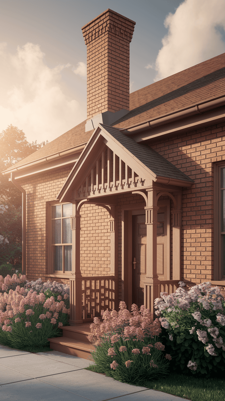 Image of a house with a charming exterior brick facade, featuring a chimney and intricate woodwork around the entryway.