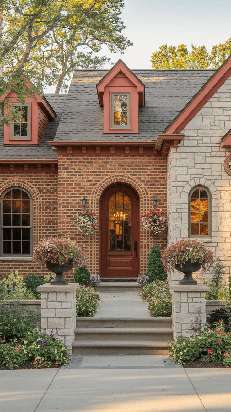 Image of a stylish home exterior combining brick and stone, featuring decorative window arches and vibrant flower pots.