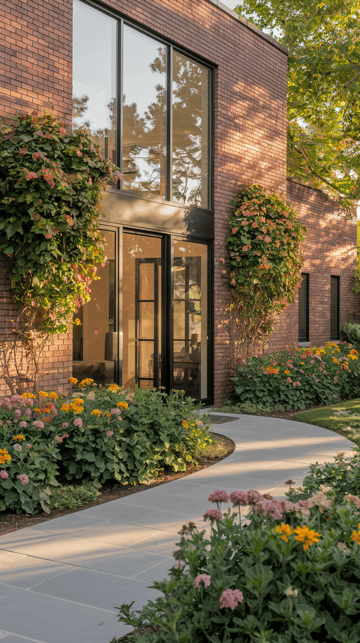 Image of a modern brick house exterior, showcasing large windows with black framing and vibrant seasonal blooms.