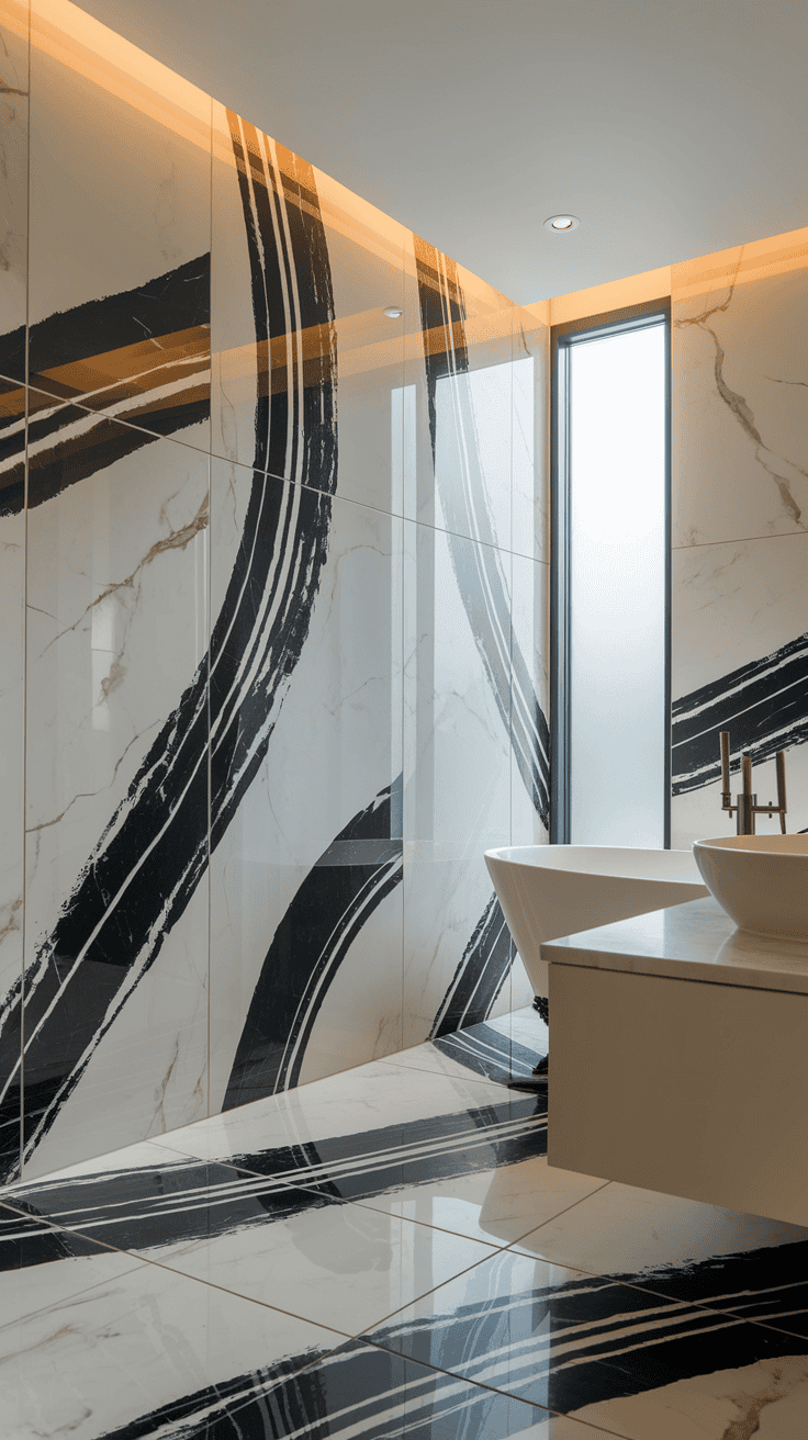 Bathroom wall tiles design with luxurious marble-effect and bold black and white swirls.
