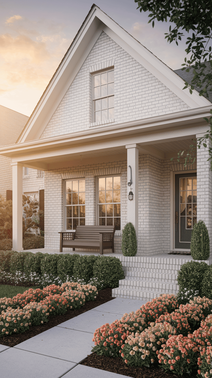 Image of a house with a soft exterior brick facade, featuring light-colored brick and colorful landscaping.