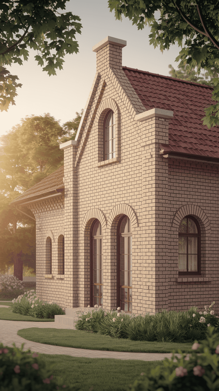 Image showcasing a house with beautiful exterior brick cladding, featuring warm tones complementing the greenery around it.