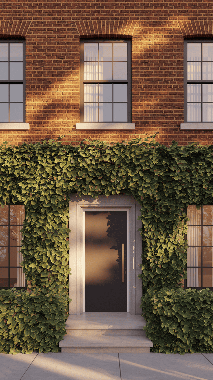 Image of a house with a classic red brick wall exterior, lush greenery framing the entrance, and sleek contemporary design elements.