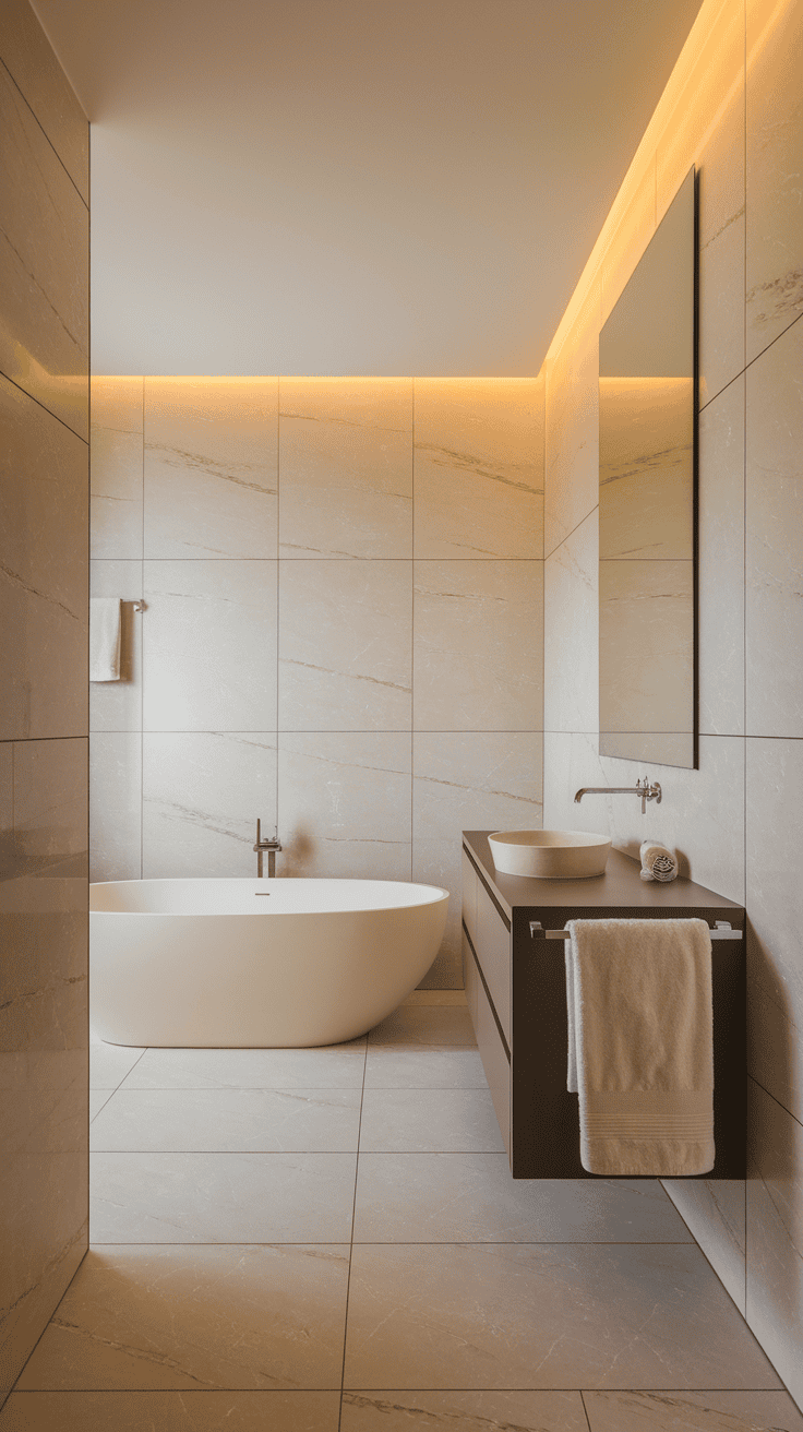 Bathroom wall tiles design with minimalist large-format tiles in light, neutral tones.
