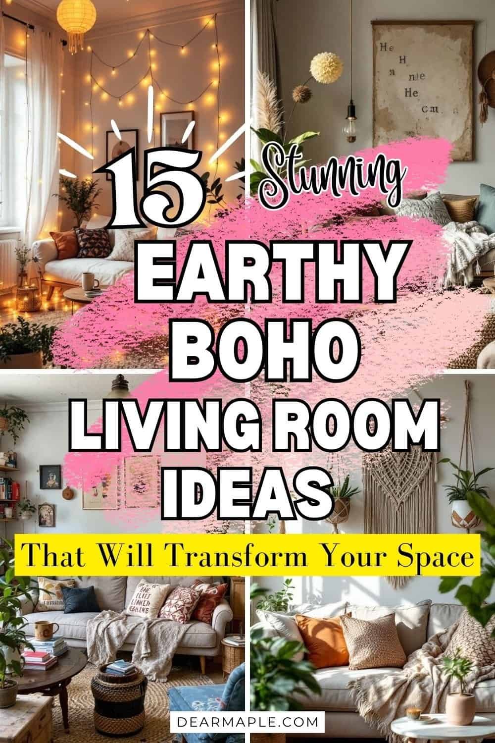 Pinterest pin of earthy boho living room