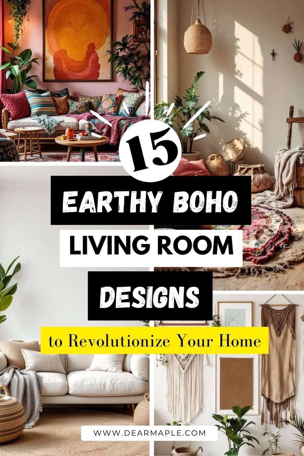 pinterest pin of earthy boho living room