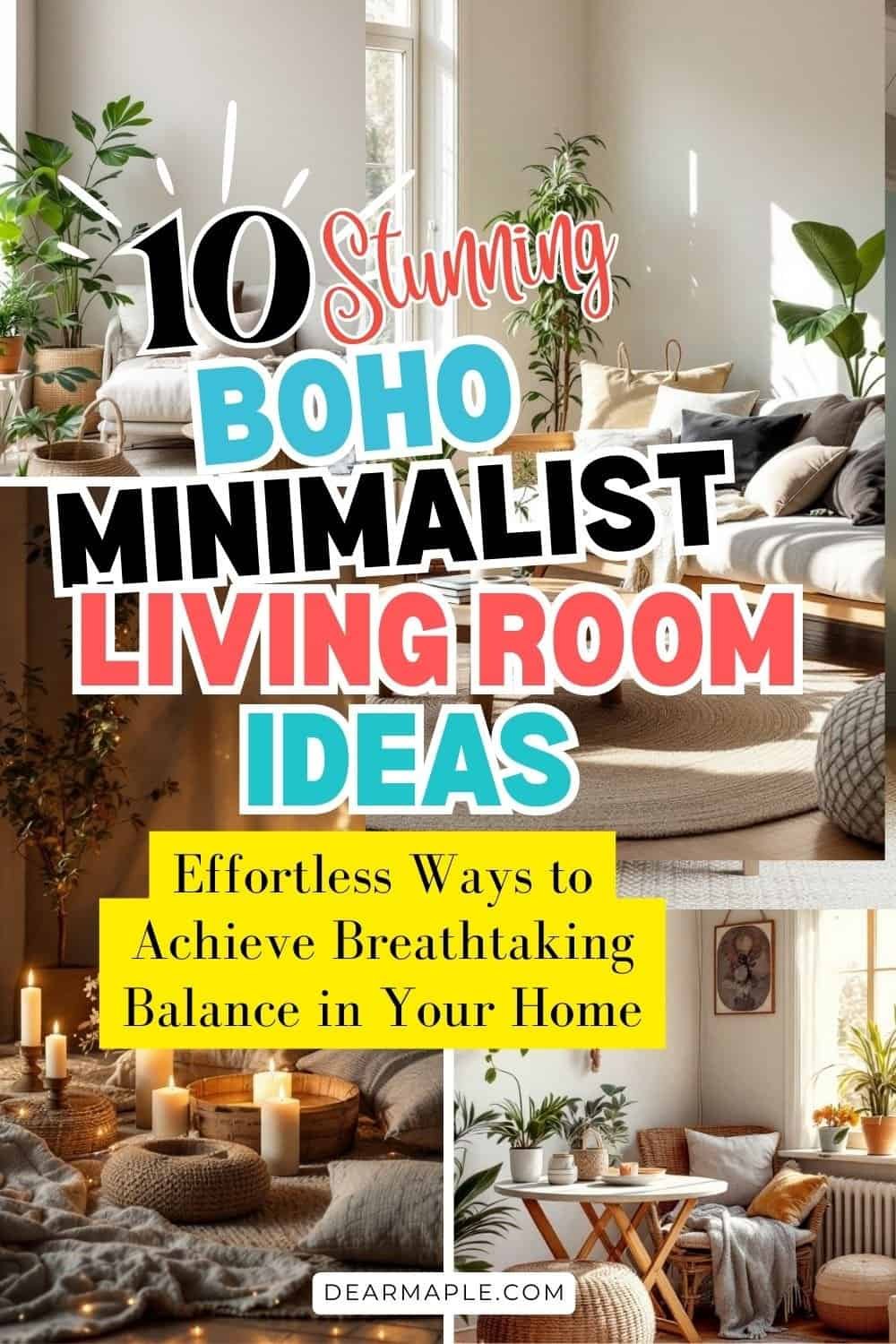 Picture of Pinterest Pin description for boho minimalist living room