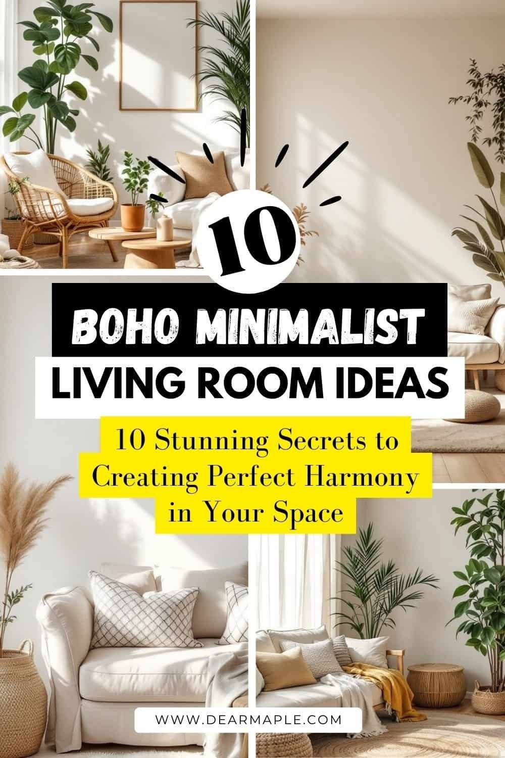Picture of Pinterest Pin description for boho minimalist living room