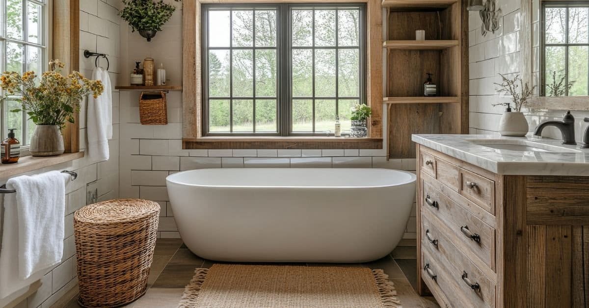 Modern farmhouse bathroom ideas - Modern farmhouse bathroom featuring a freestanding tub and rustic vanity