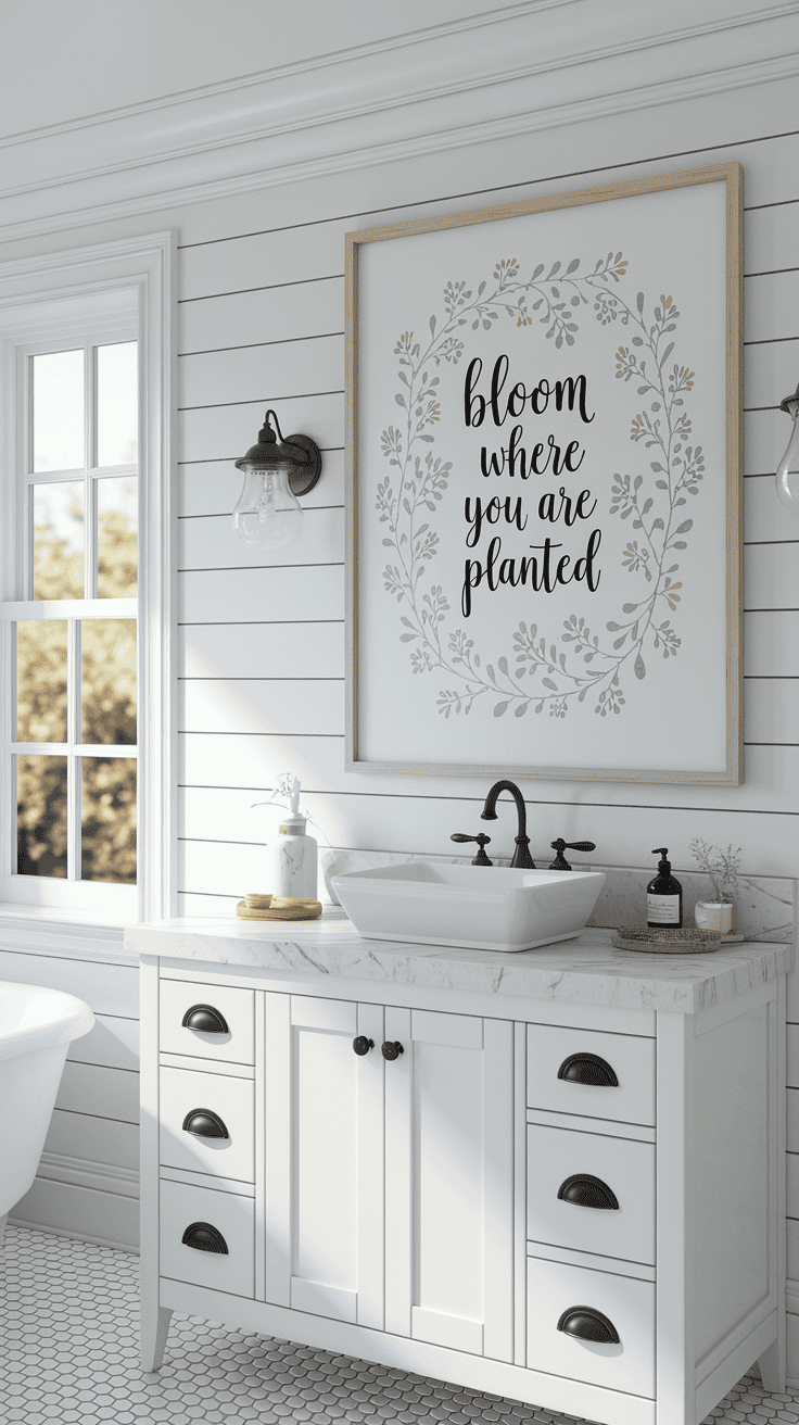Modern farmhouse bathroom ideas -
Modern farmhouse bathroom with neutral white and gray color scheme featuring framed botanical artwork with text that adds a whimsical touch while maintaining the serene aesthetic.