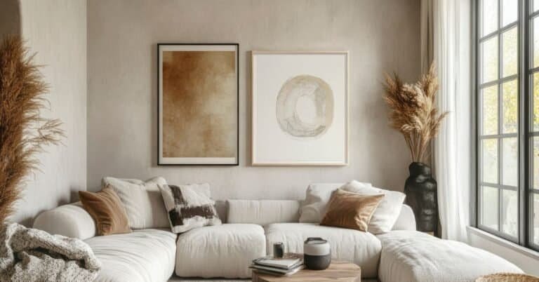 boho minimalist living room - Cozy Living Room Interior with White Sectional Sofa and Neutral Decor
