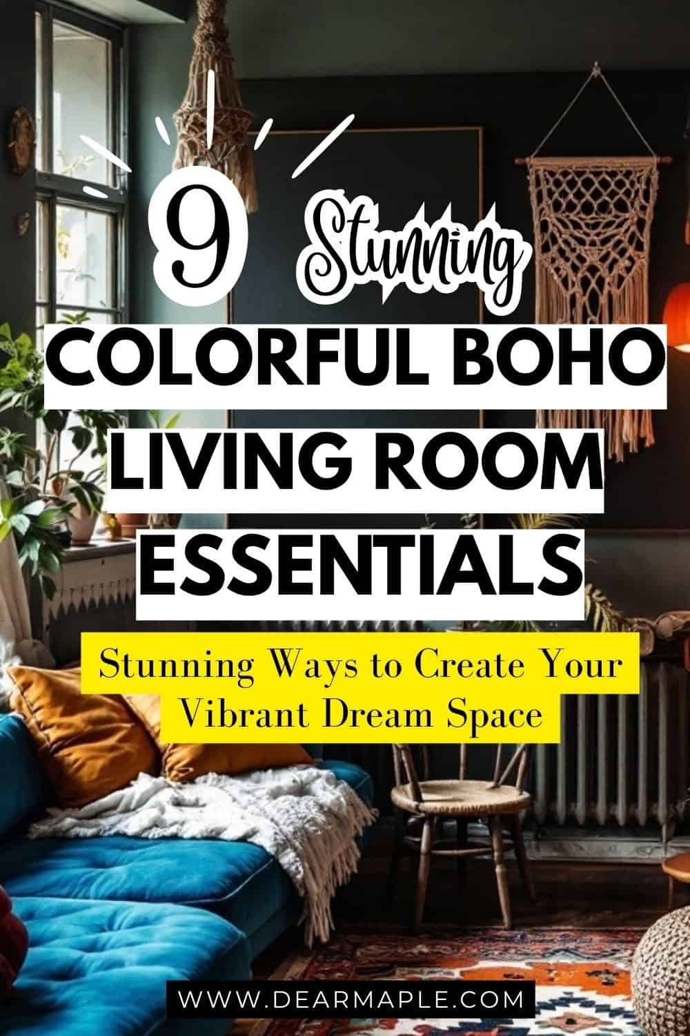 Picture of Pinterest pin for colorful boho living room