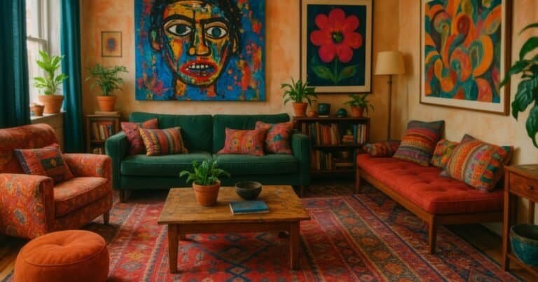 colorful boho living room - Colorful Living Room With Vibrant Art and Cozy Furniture in an Urban Apartment During Daytime