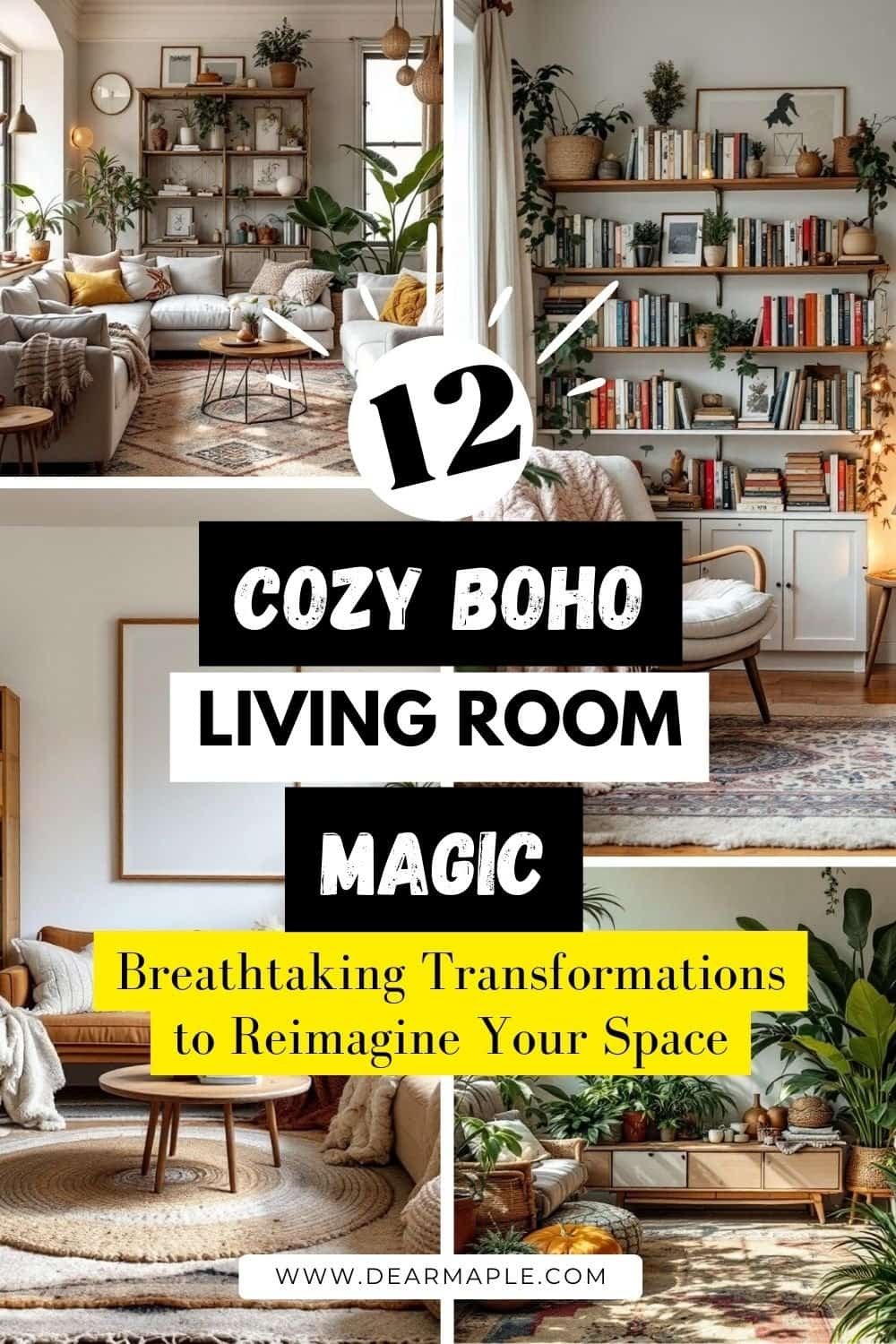 Picture of Pinterest pin for cozy boho living room