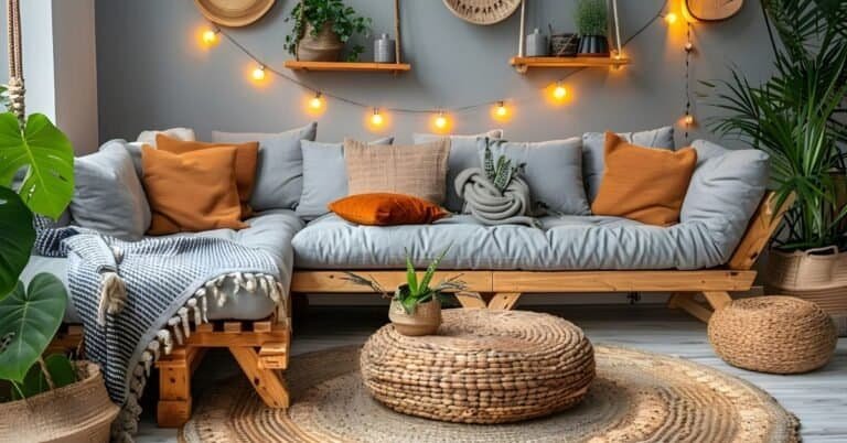 cozy boho living room - Cozy Bohemian Living Room with Rustic Decor and Warm Lighting Ambiance