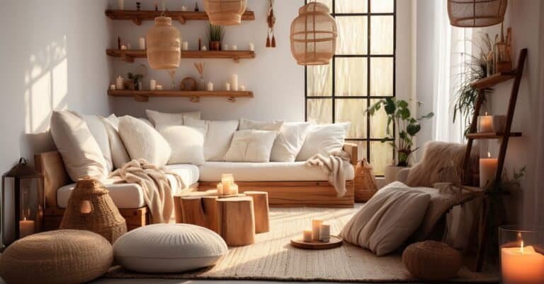 earthy boho living room - Light room interior in boho style. Neutral bohemian decor in living room, wicker lamps, soft furniture, green plants and candles