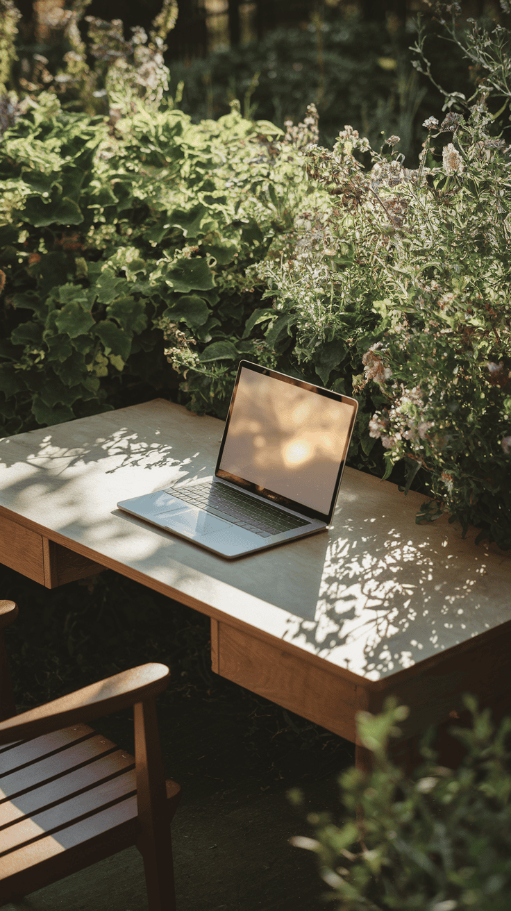 Cozy backyard idea: Comfortable outdoor workspace with natural elements enhancing productivity