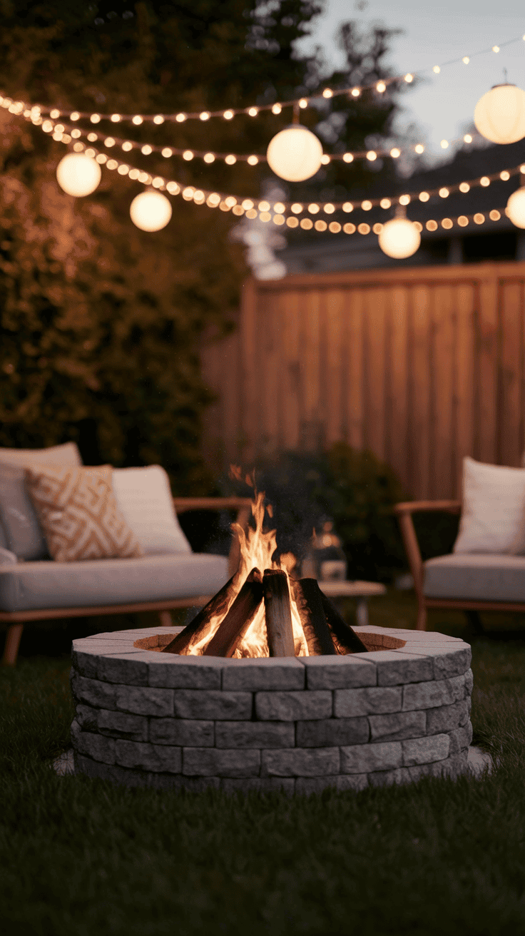 Cozy backyard idea: A beautifully lit fire pit area with soft cushions and ambient lighting