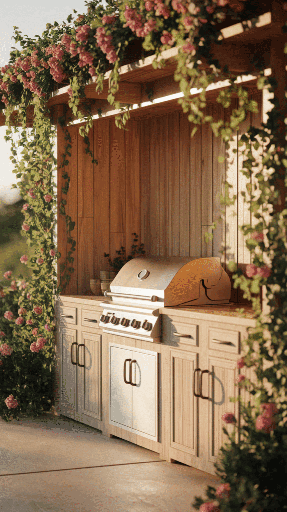 Cozy backyard idea: Rustic outdoor kitchen with natural materials and greenery."