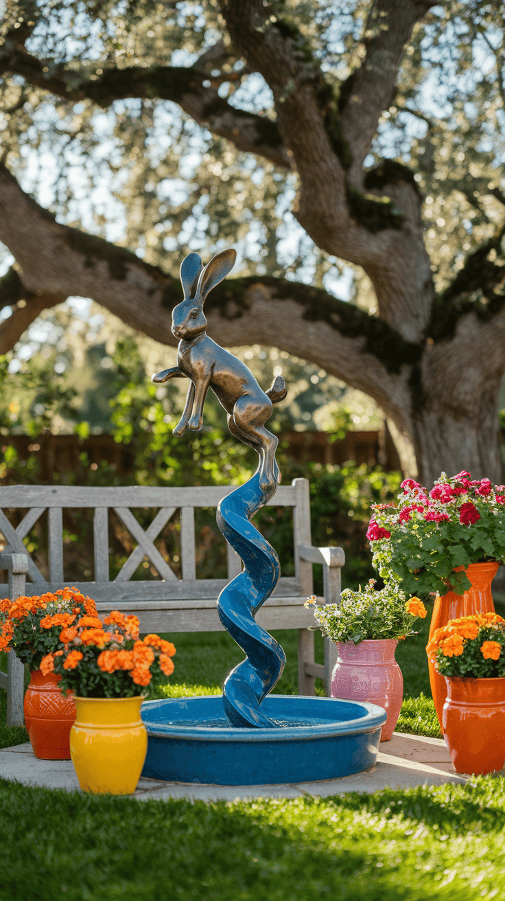 Cozy backyard idea: Unique outdoor art display adding personality and charm