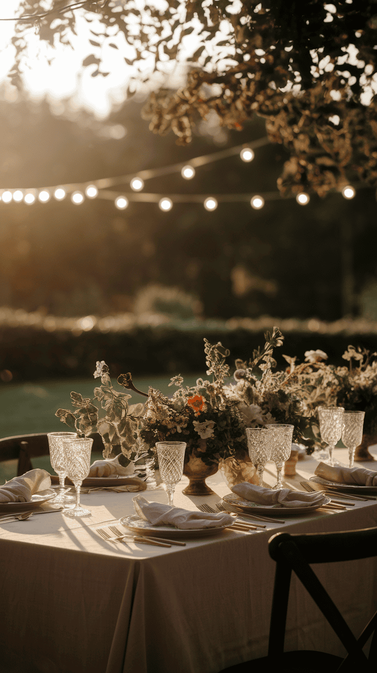 Cozy backyard idea: Stylish outdoor dining space enhanced by soft lighting and elegant table settings