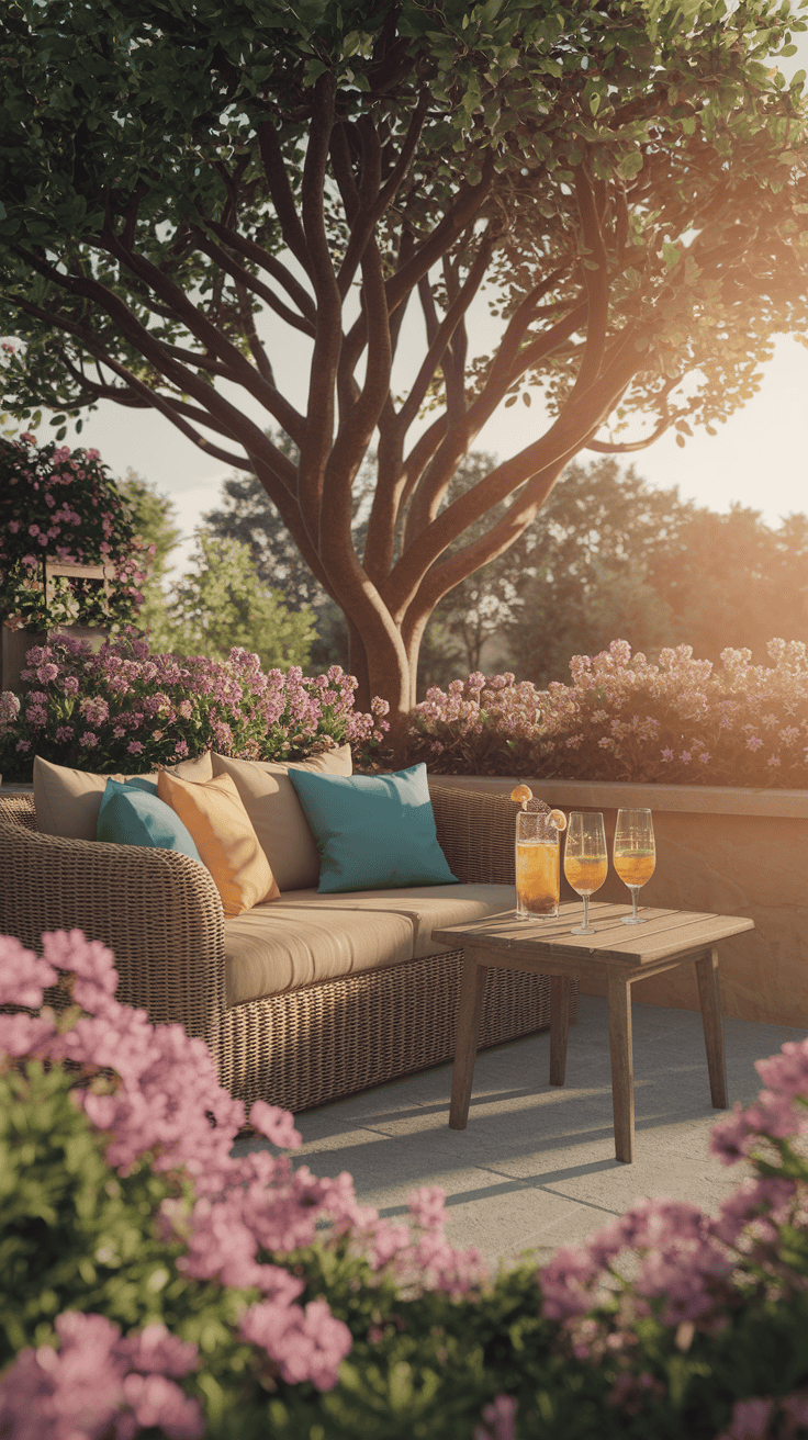 Cozy backyard idea: Inviting garden lounge with colorful flowers and comfortable seating