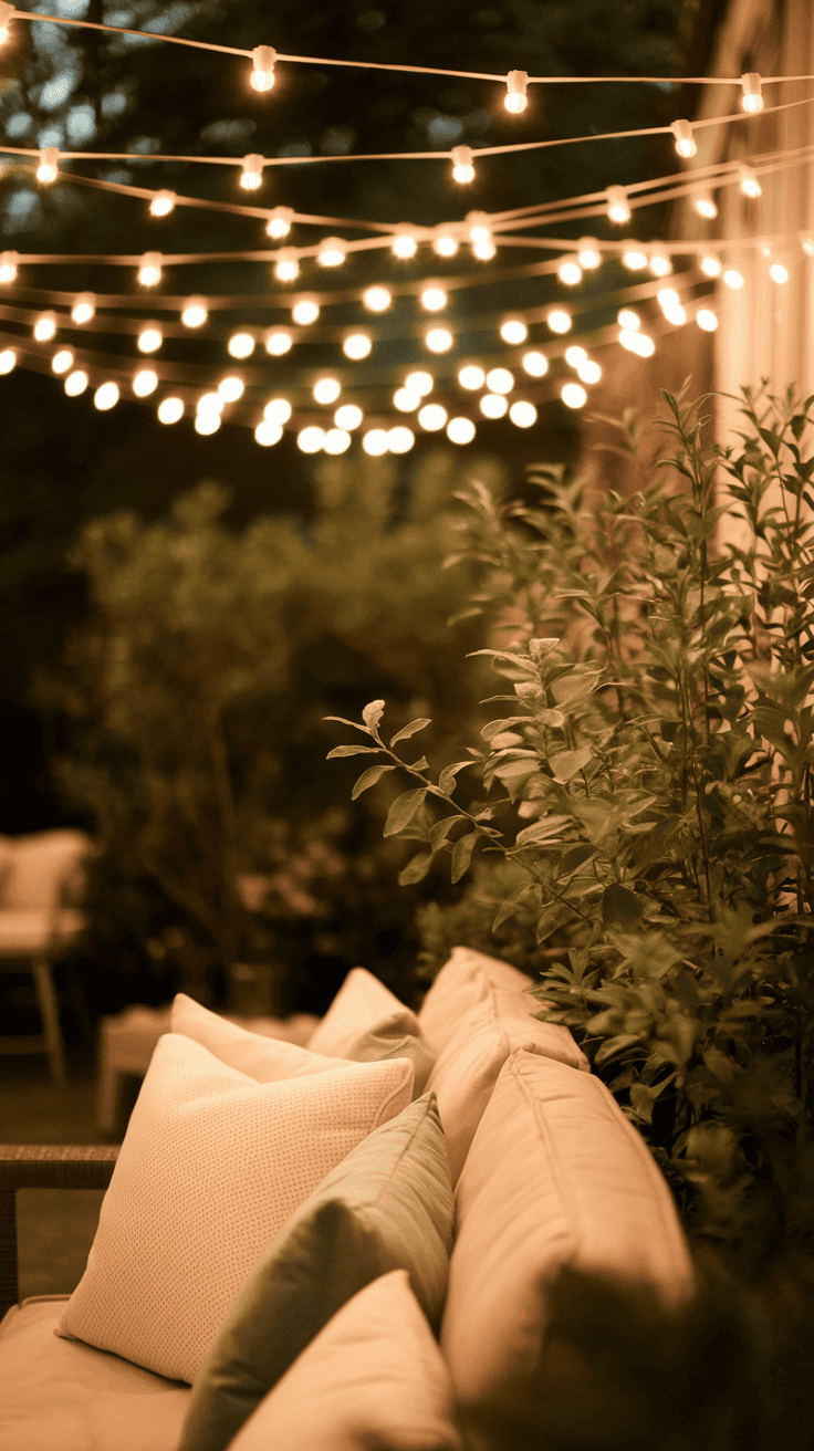Cozy backyard idea: Enchanting fairy light canopy creating a magical outdoor retreat