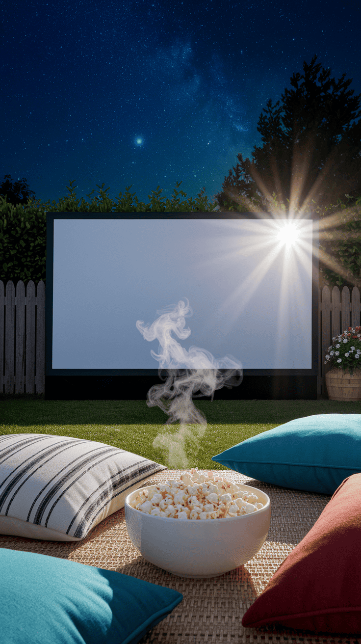 Cozy backyard idea: Chic movie night setup with an inviting outdoor cinema experience