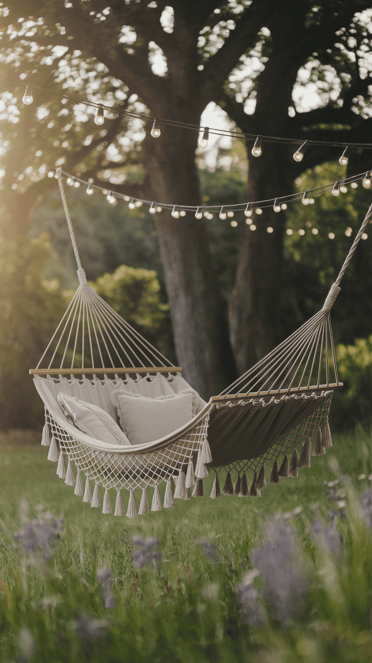 Cozy backyard idea: Cozy hammock retreat with inviting cushions and serene setting
