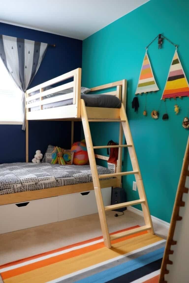 3 Kids Bedroom Design - A fun children's room with a blue accent wall, a wooden loft bed with a ladder