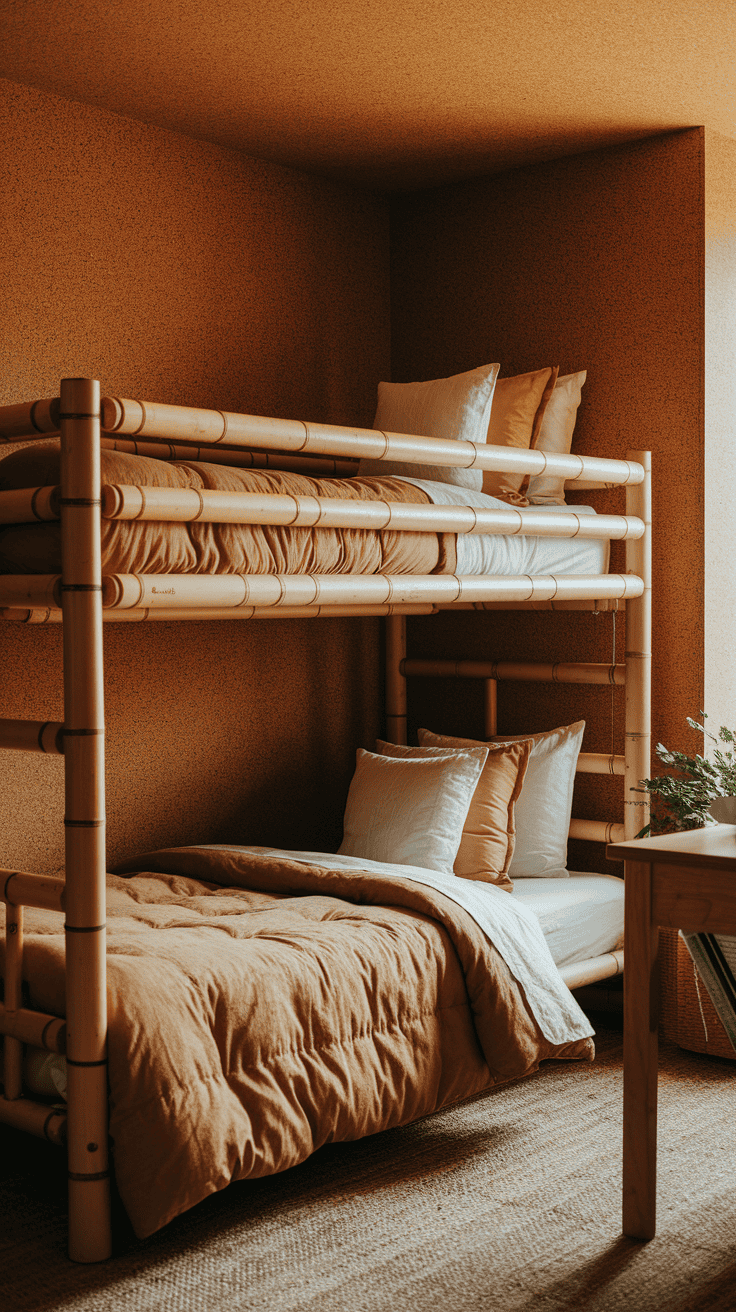 A stylish kids bedroom design featuring eco-friendly materials like bamboo and cork.