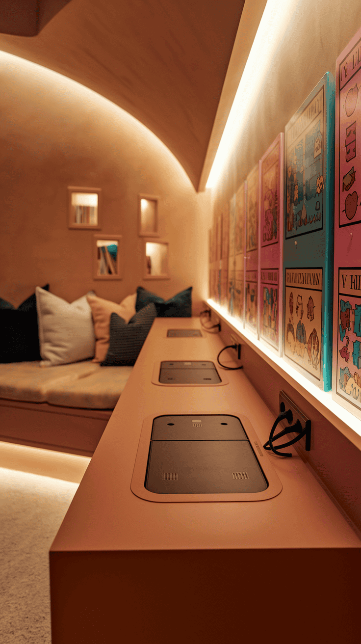Modern kids bedroom design with tech features like adjustable desks and interactive walls.