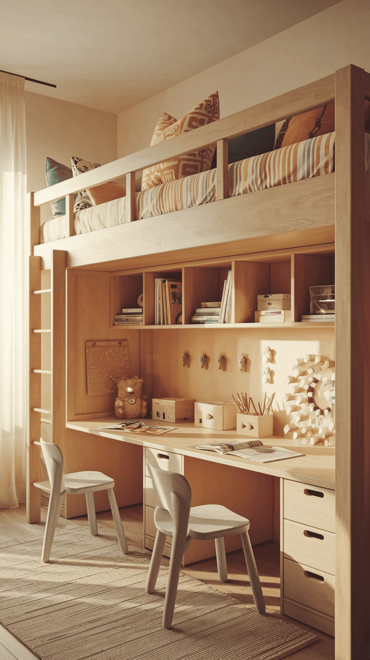 Kids bedroom design showcasing multifunctional elements like loft beds for space-saving.