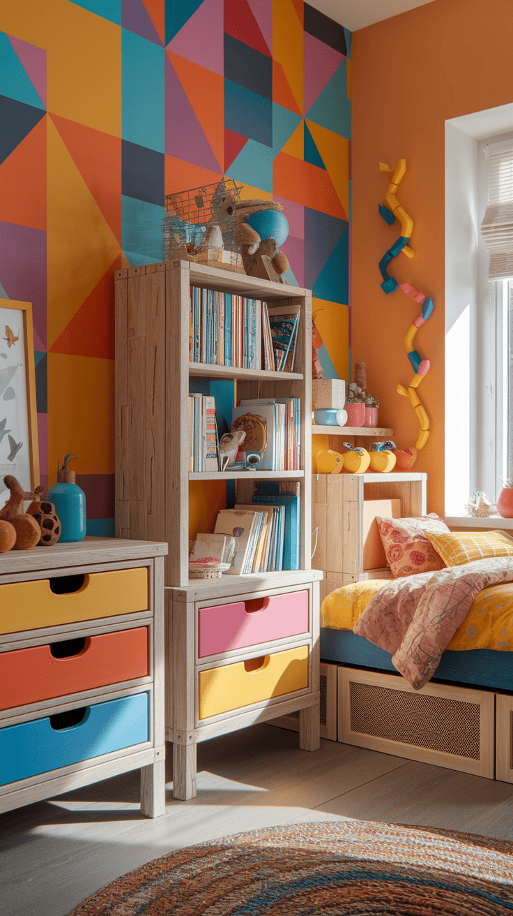 Creative kids bedroom design with DIY elements like painted walls and upcycled furniture.