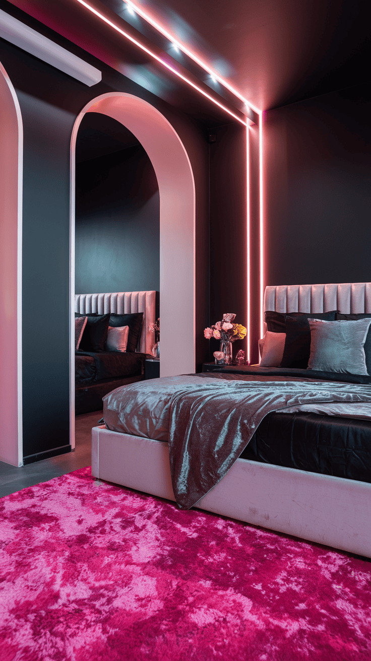Black, pink, and grey bedroom design idea showcasing matte black walls, grey velvet pillows, neon pink LED lights, and pink shag rug