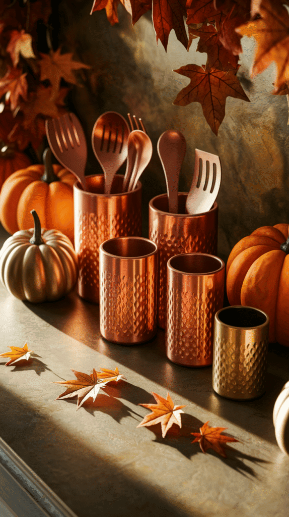 Fall kitchen decor countertops with gold accents.