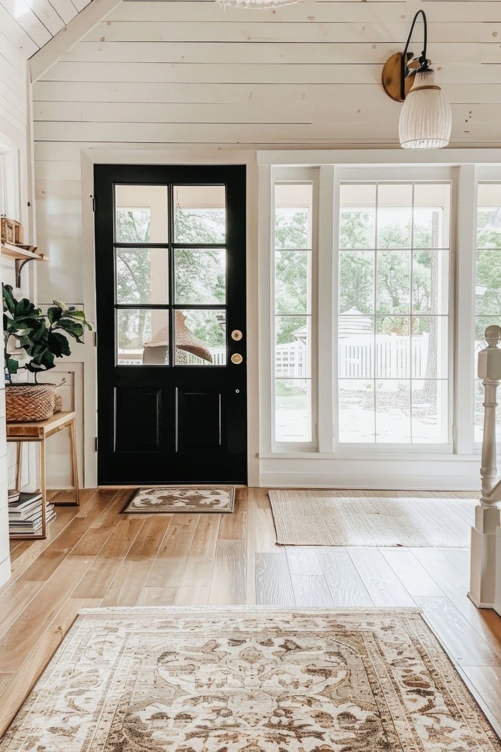 Entryway Ideas - A white and black entryway with a rug and a black door