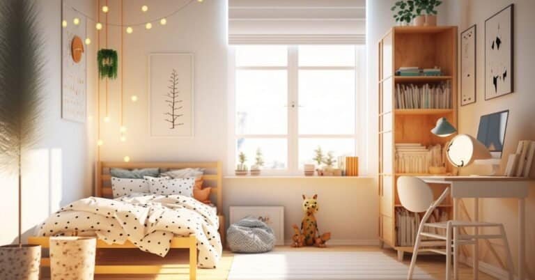 Kids Bedroom Designs-Natural, bright kid's bedroom interior with wooden furniture, designer accessories and posters on a white wall
