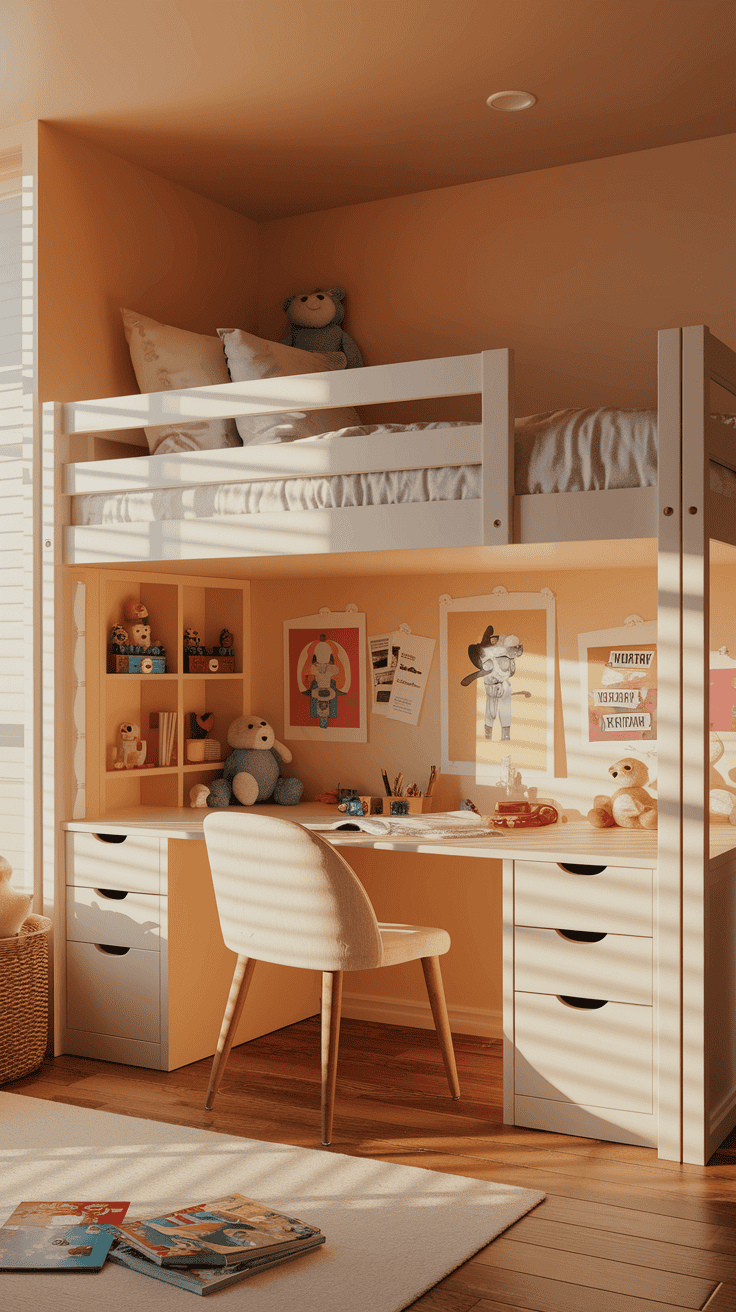 A kids bedroom design showcasing a lofted bed with a desk and storage, maximizing floor space.