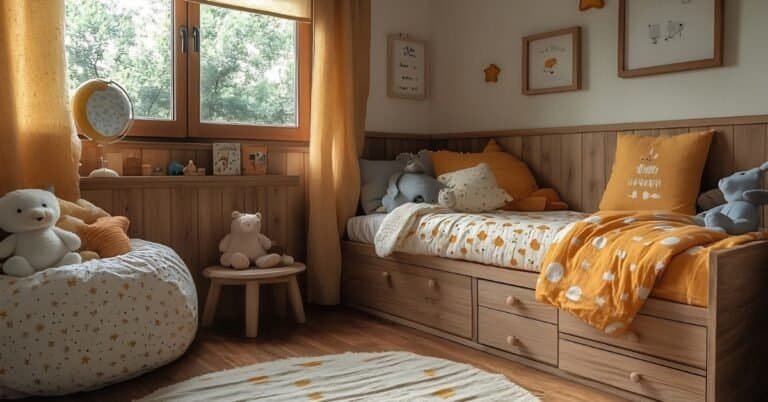 Kids Bedroom Designs-Retroinspired childrens room wooden furniture cozy Scandinavian design and minimalistic wall art