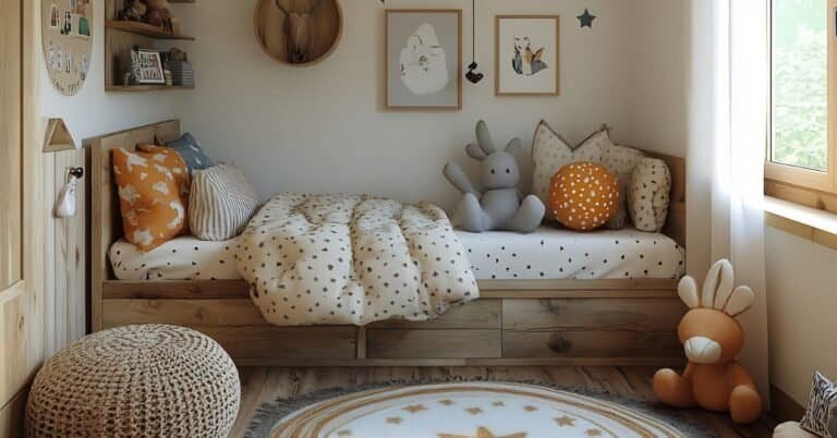 Kids Bedroom Designs -Scandinavian farmhouseinspired bedroom children with wooden furniture and retro wall decor cozy and natural