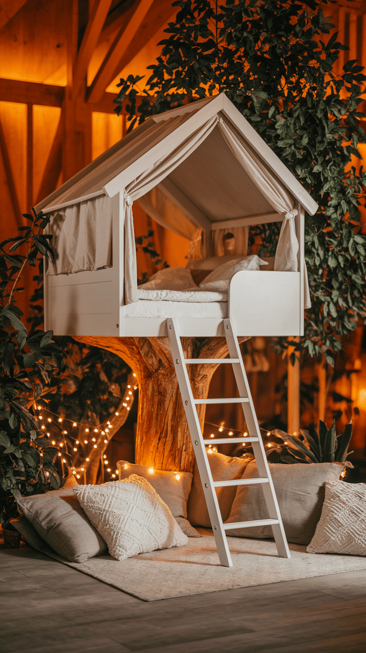 A fun and creative indoor treehouse bed in kids bedroom designs, complete with reading area.